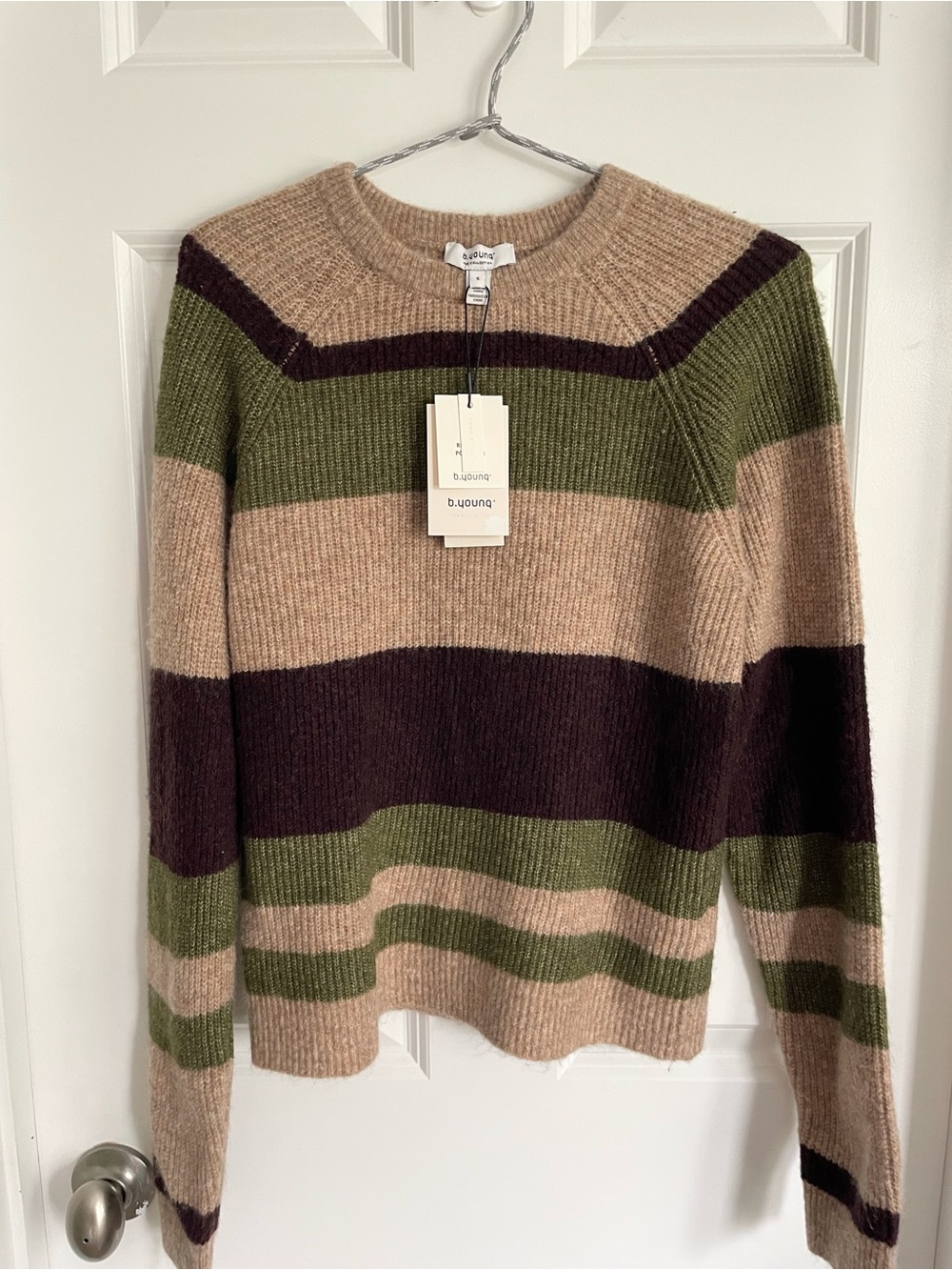 B.Young “Byotaja” Striped Crewneck Sweater in Olive, Tan & Brown